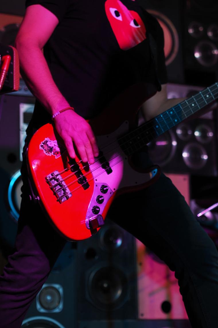 Loic's red bass guitar