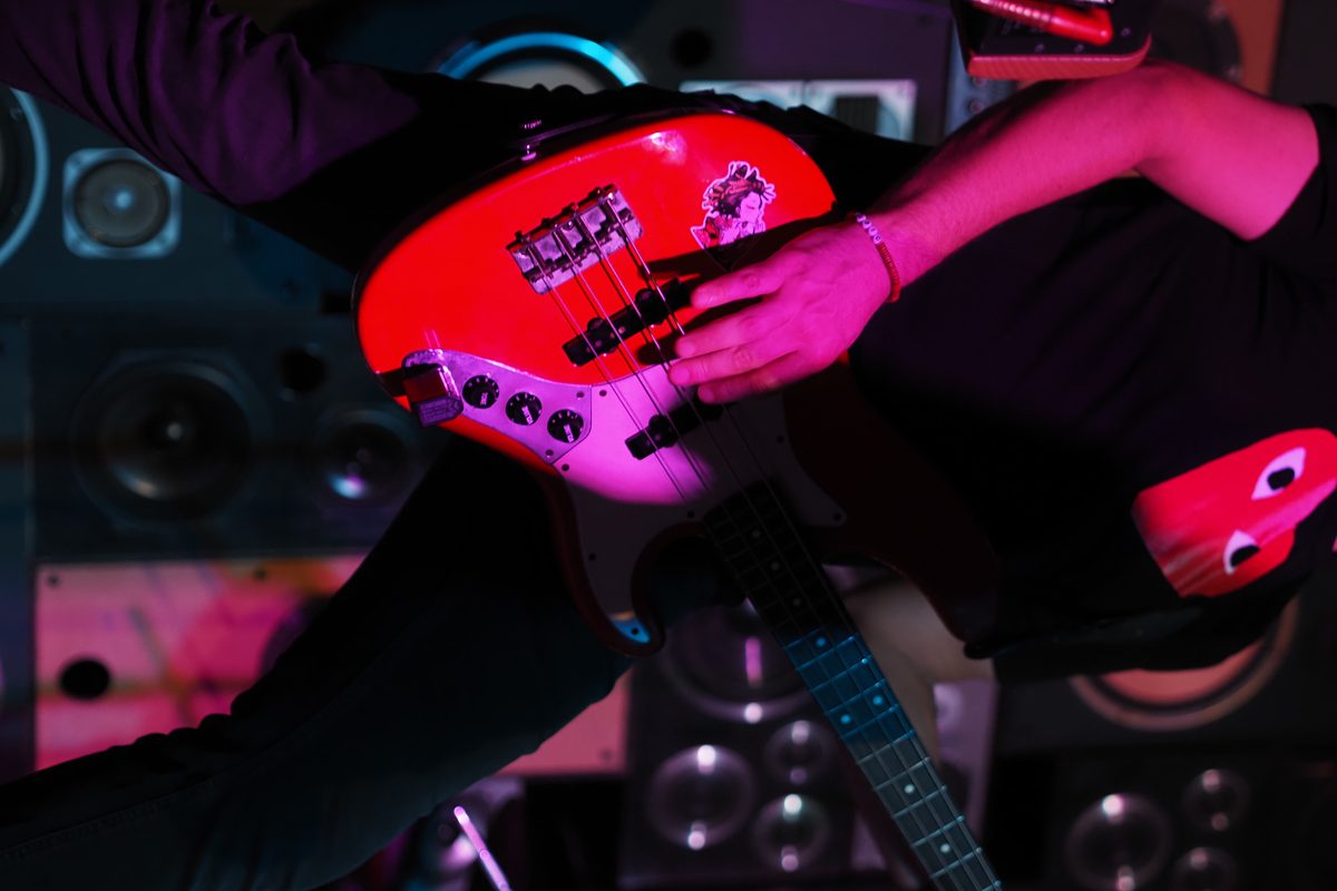 Loic's red bass guitar